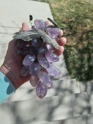 Semi Precious Stone Grapes Bunch Cluster Purple Amethyst Silver Leaves Wire