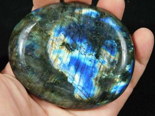 A Bright Blue and Gold Flash on this Big Polished Labradorite PEBBLE 262gr 2