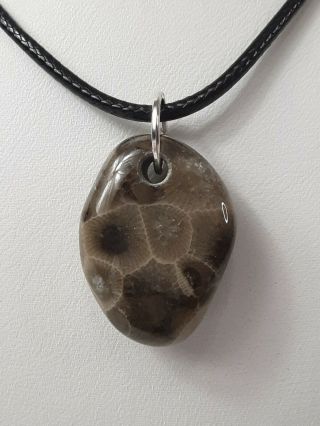 Ancient Michigan Black Petoskey Stone Polished Pendant Necklace Blk Braided Cord