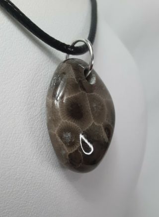 Ancient Michigan Black Petoskey Stone Polished Pendant Necklace Blk Braided Cord 2