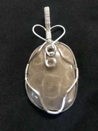 Polished Petoskey Stone Michigan Fossil Coral Silver Plated Wrap Pendant