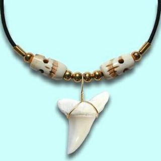 Real Mako Shark Tooth Pendant Surfer Necklace For Men | Bone Skull Beads