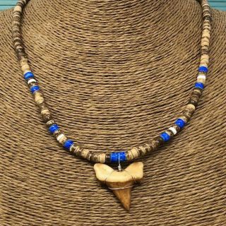 Resin Mako Shark Tooth Pendant Surfer Necklace For Men | Wooden Beads