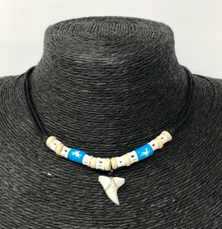 Real Mako Shark Tooth Pendant Surfer Necklace For Men | Bone & Wood Beads