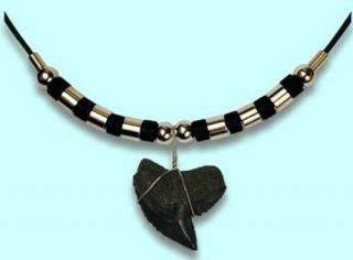 Real Fossil Tiger Shark Tooth Necklace | Great Silver Metal & Ceramic Beads