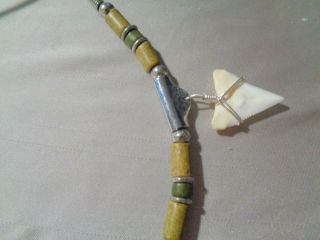 LEATHER BLACK CORD WITH WOOD AND SILVER PLATED BEADS & SHARK ' S TOOTH PENDANT 