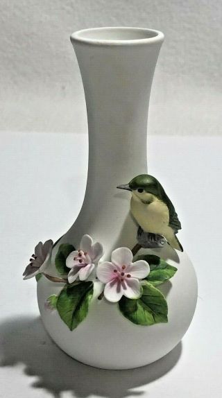 Otagiri Bud Vase With Pink Flowers And Yellow & Green Bird