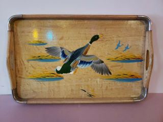 Vintage Flying Goose Hand Painted Wood Serving Tray 15.  5 "