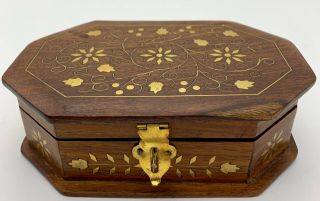 Wooden Trinket Jewelry Keepsake Box Brass Rosettes Leaves Inlay Wood Vintage