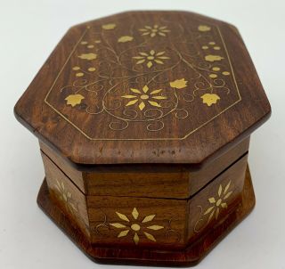 Wooden Trinket Jewelry Keepsake Box Brass Rosettes Leaves Inlay Wood Vintage 2