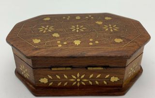 Wooden Trinket Jewelry Keepsake Box Brass Rosettes Leaves Inlay Wood Vintage 3