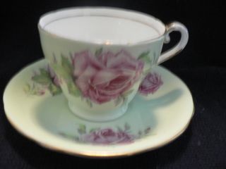 Tea Cup And Saucer Bone China Aynsley Large Pink Roses On Green Background Old
