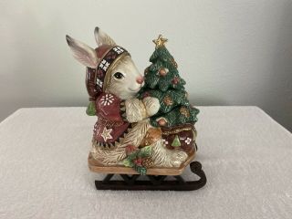 Fitz & Floyd Classics - Christmas Lodge Rabbit On Sled Lidded Candy/cookie Jar