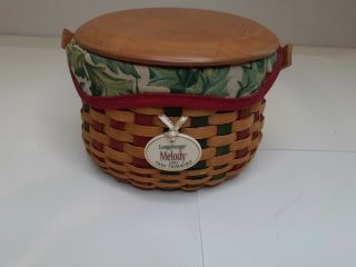 Longaberger Small Basket With Wood Lid,  Cloth Liner & Plastic Protector