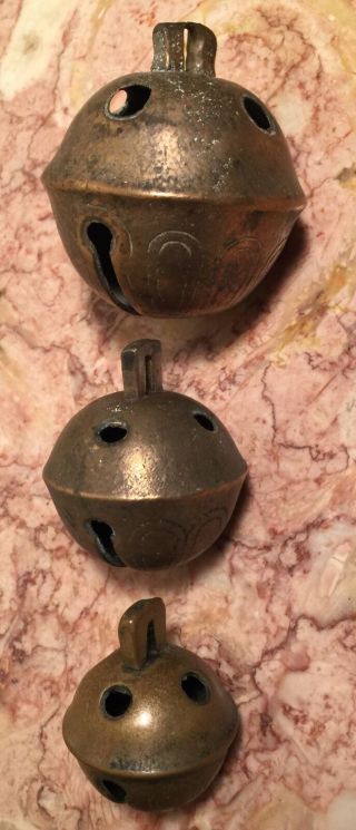 3 Antique Brass Petal Sleigh Bells,  Size 10 Size 7 & Size 5