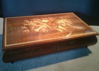 Vintage Italian Inlaid Laquered Wood Lute Music Jewelry Box Play