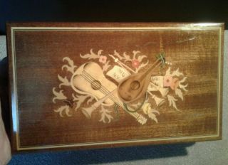 Vintage Italian Inlaid Laquered Wood Lute Music Jewelry Box Play 3