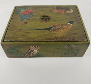 Vintage Hand Painted Wooden Box Owl Duck Flower Bird Acorn Strawberry