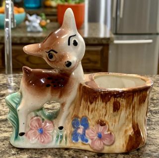 Vintage Fawn Deer Planter • Bambi Style Art Pottery Vase • Big Eyes • 1950’s