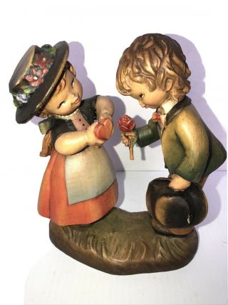Vintage Anri Wooden Figurine Boy With Flower And Girl With Heart