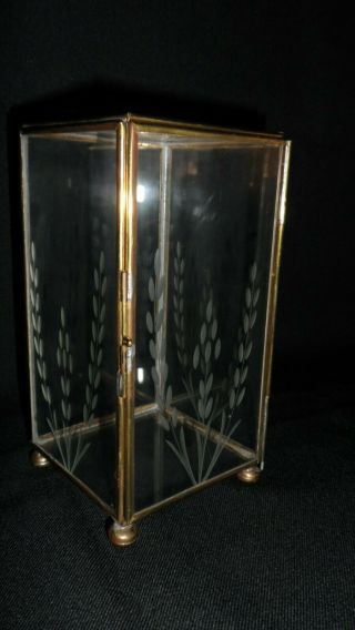 Vtg Table - Top Display Case Brass & Etched Glass Miniature Curio Cabinet 7 X 3.  5 "