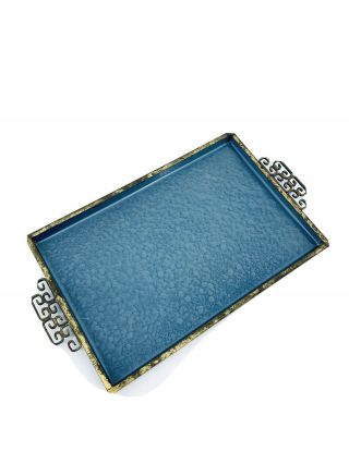 Vintage Moire Glaze Kyes Hand Made Rectangular Blue Serving Tray Pasadena Ca 15 "