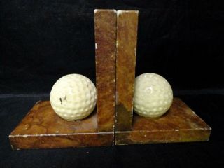Vintage Mid Century Brown White Marble Alabaster Golf Ball Book Ends