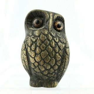 Owl Brass Bronze Vintage Heavy Cast Metal Bird Paperweight 2 1/4 " Glass Eyes