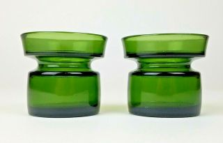 Vintage Dansk Designs Mid Century Modern Mcm Green Glass Candle Holders Set Of 2