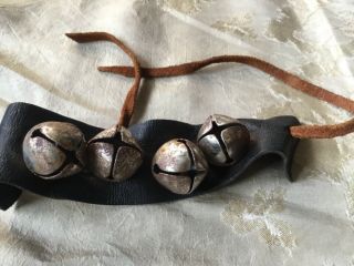 Vintage Antique Sleigh Bells On Leather Tie Strap