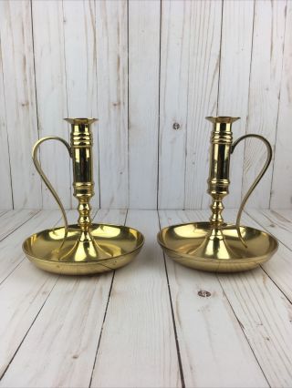 Set Of 2 Vintage Brass Candlestick Holders With Handle & Drip Pan Made In India
