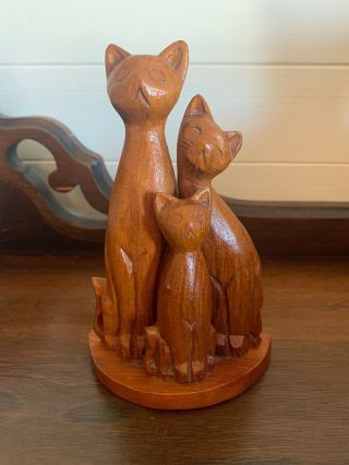 Vintage Hand Carved Wood Cat Family