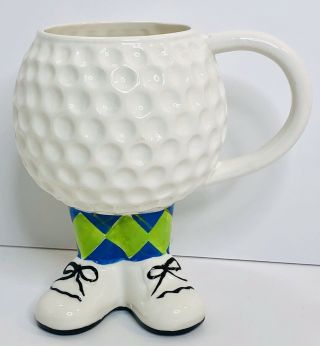 Golf Ball Footed Coffee Mug Cup Dimpled With Feet Argyle Socks With Golf Shoes