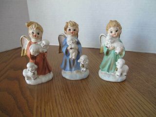 Vintage Set (3) Lefton Christmas Angels With Cute Lambs Xmas Figurines