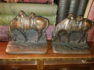 Antique Vintage Bronze Bookends Grazing Horse In Tall Grass With Western Saddle