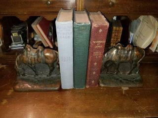 Antique Vintage Bronze Bookends Grazing Horse In Tall Grass With Western Saddle 2