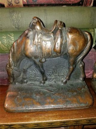 Antique Vintage Bronze Bookends Grazing Horse In Tall Grass With Western Saddle 3