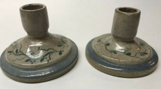 Set Of Two Vintage Stoneware Ceramic Pottery Candlestick Holders Blue Beige