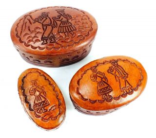Vintage Peru Hand Tooled Leather Oval Nesting Trinket Keepsake Boxes Trio