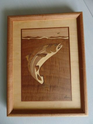 Hudson River Inlay Nelson Wood Marquetry Bass /dragonfly Picture 12 3/4 X 9 3/4 "
