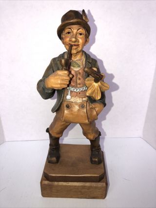 Vintage Anri Wooden Figurine,  Man With Pipe And Umbrella.