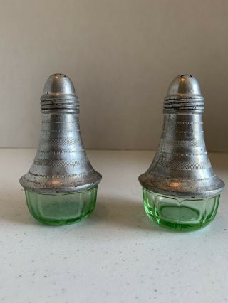 Vintage Green Depression Glass Salt & Pepper Shakers With Large Aluminum Tops