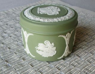 Wedgwood Sage Green Jasperware Round Lidded Small Trinket Box Vintage