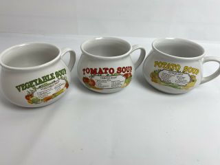 Vintage Recipe Soup Bowls Mugs Cups Set Of 3: Tomato,  Vegetable And Potato