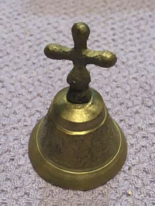Small Old Brass Bell With Cross On Top.