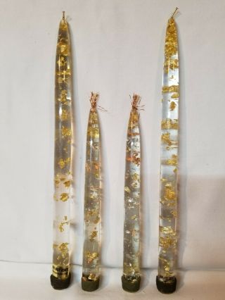 4 Vintage Clear Lucite Acrylic Gold Flake Candle Sticks