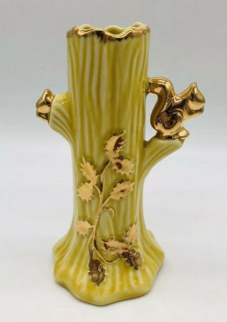 Vintage Yellow Porcelain 22 Kt.  Gold 6 " Bud Vase Tree Trunk With Squirrel