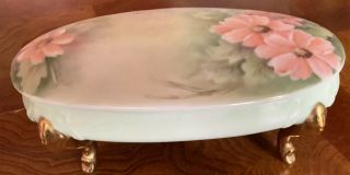 Vintage Dresser/trinket Box Gold Footed Hand Painted Light Green W/peach Floral
