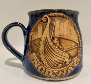 Norway Stoneware Mug Cobalt Blue Glazed Viking Ship Vintage