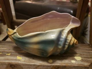 Vintage Art Pottery Mcm Conch Sea Shell Blue,  Tan & Yellow Planter